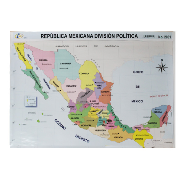 LAMINA PLASTIFICADA REPUBLICA MEXICANA DIVISION POLITICA CON BASTON -  LÁMINAS MURALES
